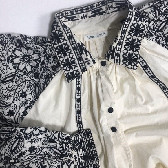 Roller Rabbit Embroidered Top Bishop Sleeves OVERSIZED Button Up Small - Picture 7 of 14